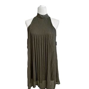 Olive Green Pleated Metallic Gold Flecks Stripes Dress Xl